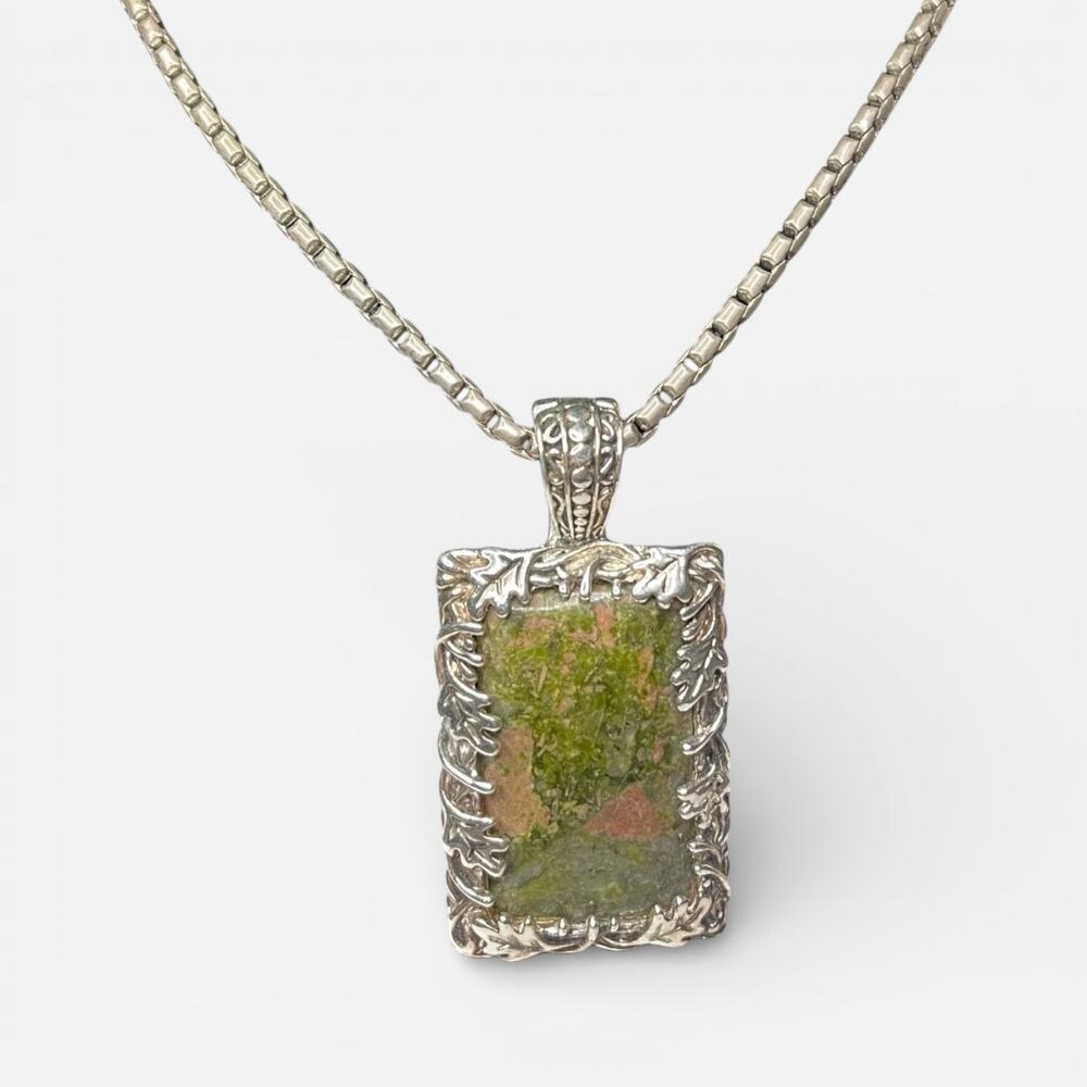 Artisan Statement Necklace Jasper Style Pendant Silver Tone Chain Magnetic Clasp